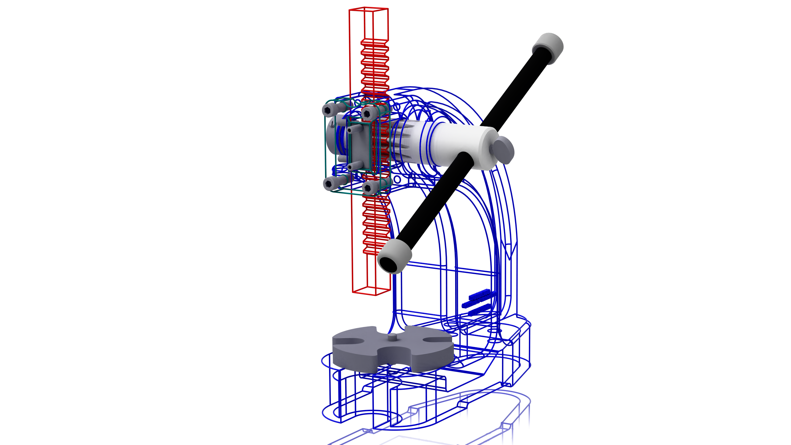 Arbor press with blue frame edges, a red rack, teal plate edges, and shaded gears, fasteners, and handle