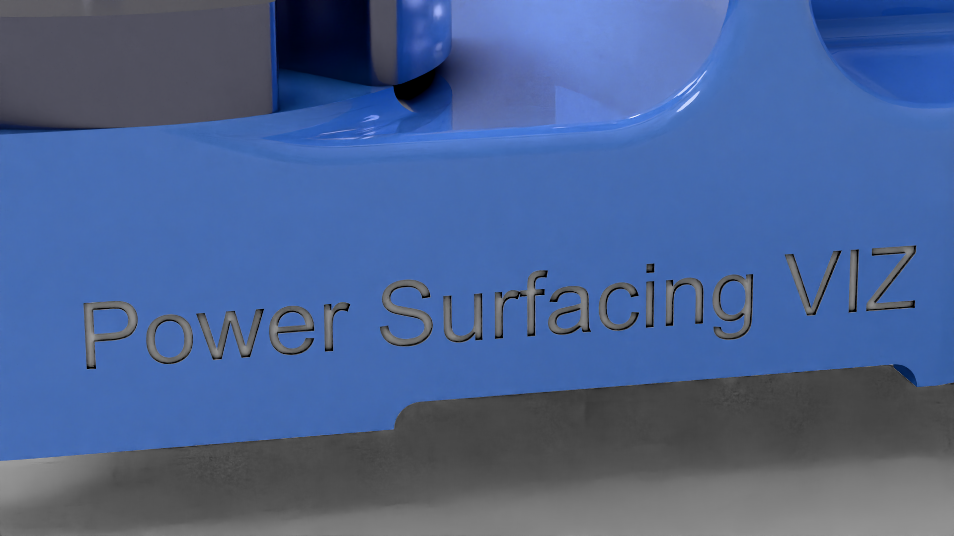 Power Surfacing VIZ lettering cut into the surface of the blue arbor press base