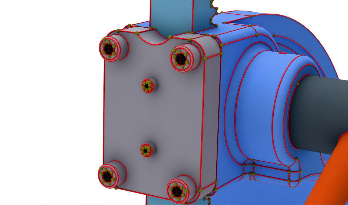 Arbor press assembly detail with red edge curves and yellow-green vertex markers