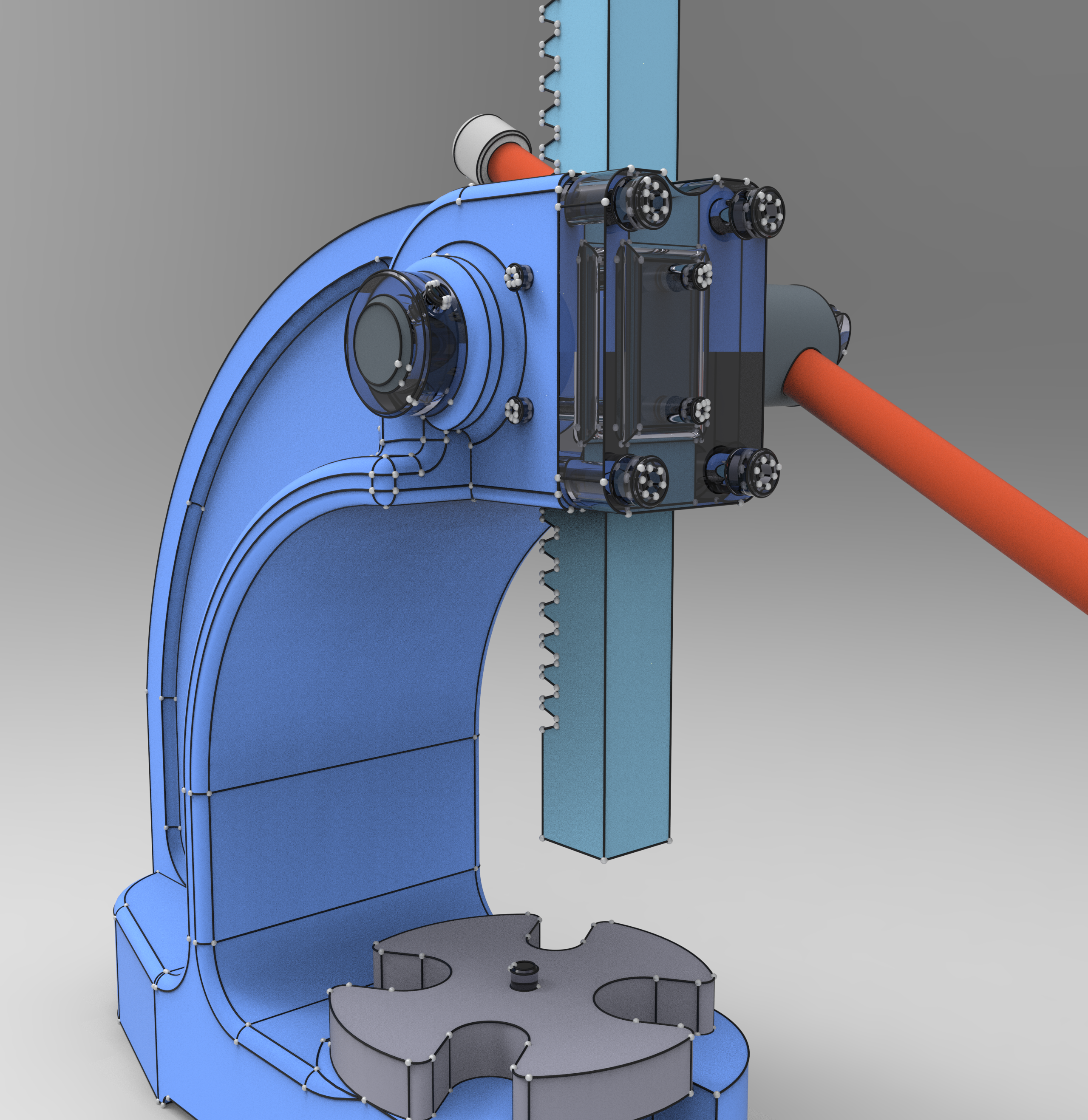 KeyShot render of an arbor press with black edge curves, white vertex markers and transparent components