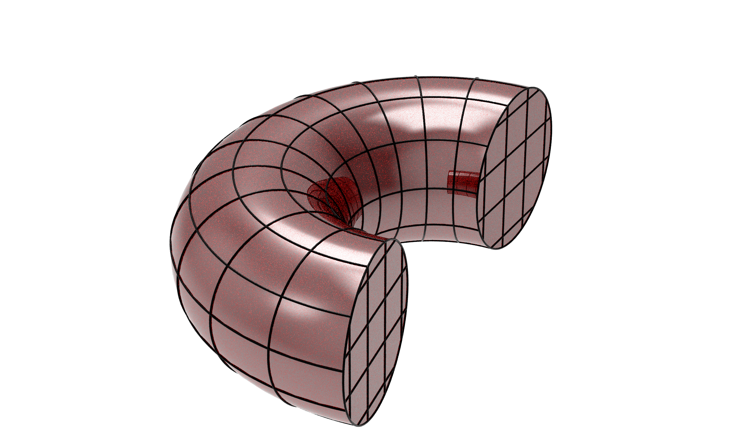 Red shaded curved tube with black crossing surface curves and outlined end faces