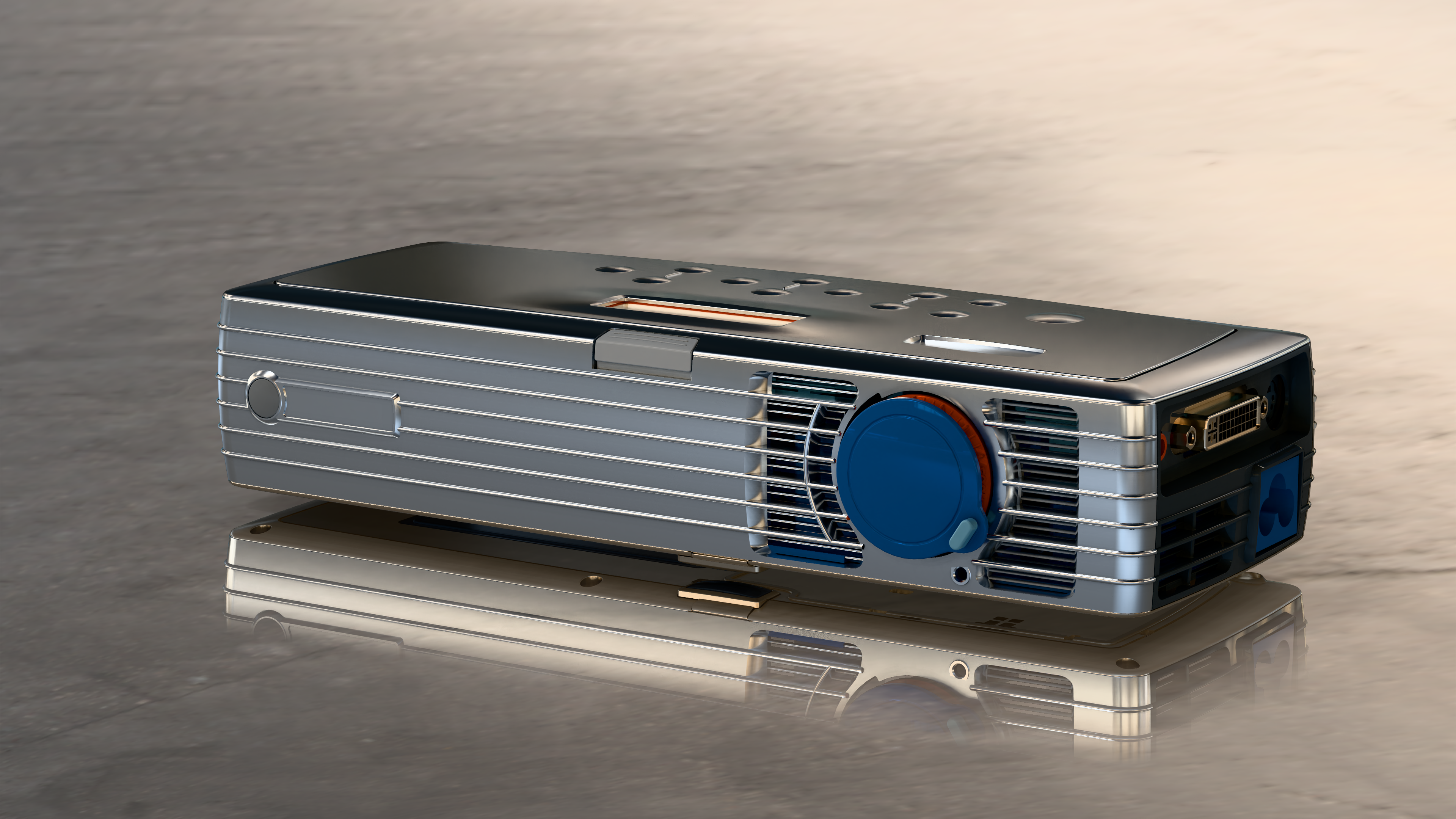 LuxCore rendering of a metallic projector with a blue lens cap, reflected in a ground surface under environment lighting