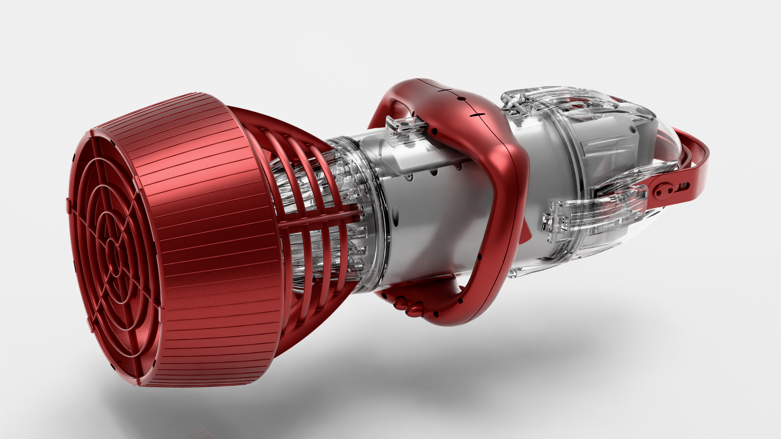 Product visualization of a swim motor with a transparent housing and red components, revealing the internal assembly
